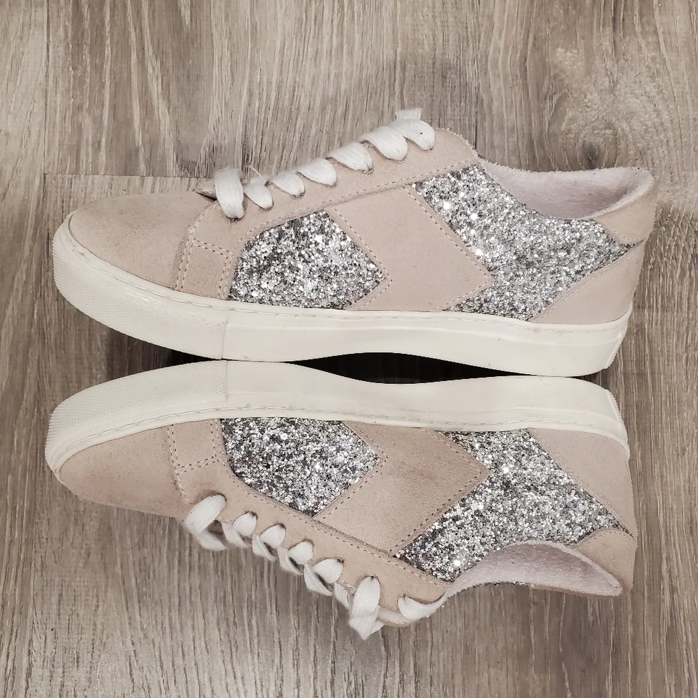 NEW STEVEN by Steven Madden Parody Leather Glitter Cream Sneakers